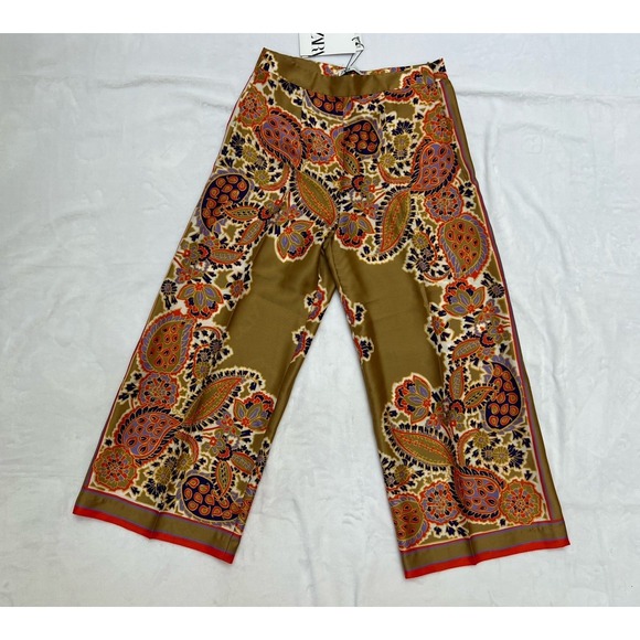 ZARA Women Floral Gold Paisley Printed Flowing‎ Boho Pants Medium NWT - Picture 1 of 11